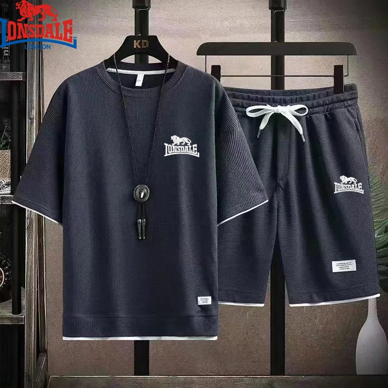Embroidered LONSDALE Summer Men's Waffle Sets Casual T-Shirt And Shorts Set Male Sports Suit Tracksuit Loose Suits Size 3XL.