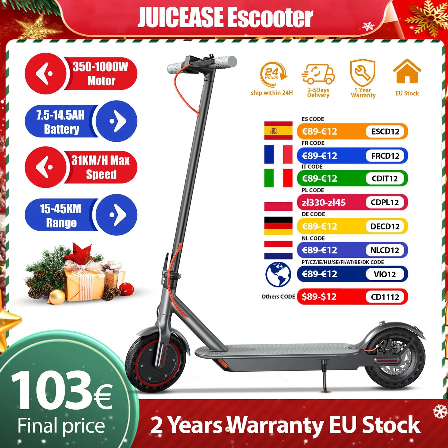 2025 New JUICEASE 7.8-14.5AH Electric Scooter 31/35KM/H 25-45KM Ultra Long Range Smart Aovopro APP Electric Scooter 350/1000W.