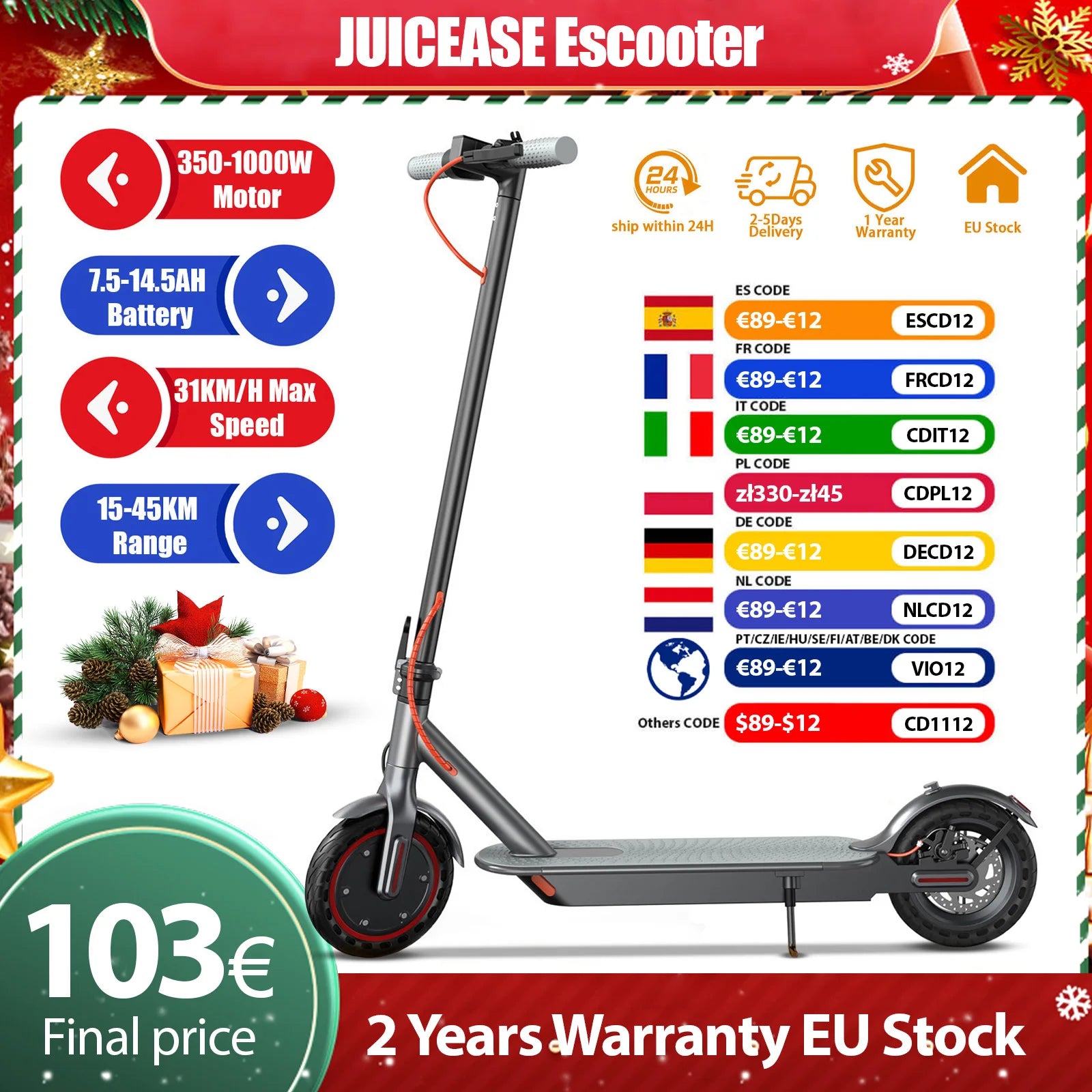 2025 New JUICEASE 7.8-14.5AH Electric Scooter 31/35KM/H 25-45KM Ultra Long Range Smart Aovopro APP Electric Scooter 350/1000W.