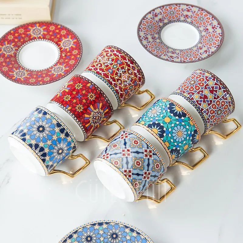 Luxury Coffee Cup and Saucer Set for Cappuccino, Latte, Espresso, Moroccan Style, Ceramic Tea Cup, Kitchen Tool, House Warming.