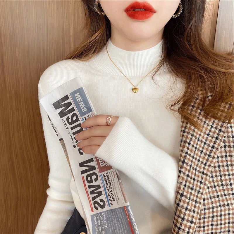Herbst Winter Frauen Mock neck Pullover Pullover Tops Strickwaren Mode Weibliche Lange Hülse Dünne Elastische Beiläufige Gestrickte Shirts