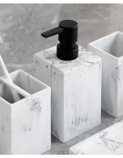 Bathroom Accessories Complete Marble Pattern Lotion Soap Dispenser,Toothbrush Holder,Tumbler,Tray Resin material Black white.