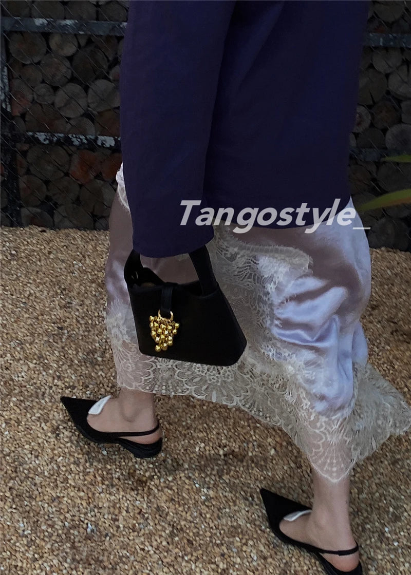 High-End Retro Satin Lace Stitching Skirt Women's 2024 Summer High Waist Slimming Court Style Temperament Mid-Length Skirt.