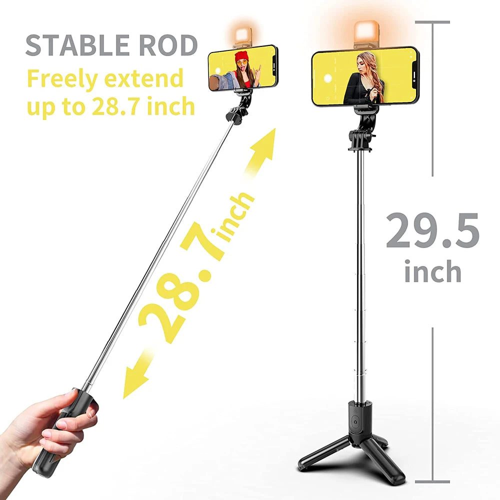 Wireless Bluetooth Selfie Stick Foldable Portable Tripod with Fill Light Shutter Remote Control for Android iPhone Smartphone.