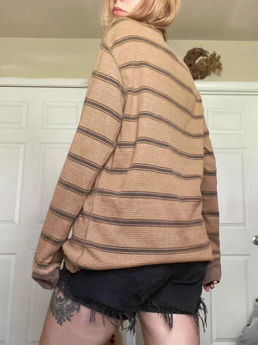 Women Fairy Grunge Knit Basic Shirt Autumn Y2K Grey Black Striped Long Sleeve Round Neck Tops Emo Tee.