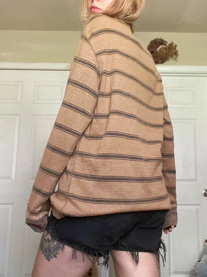 Women Fairy Grunge Knit Basic Shirt Autumn Y2K Grey Black Striped Long Sleeve Round Neck Tops Emo Tee.