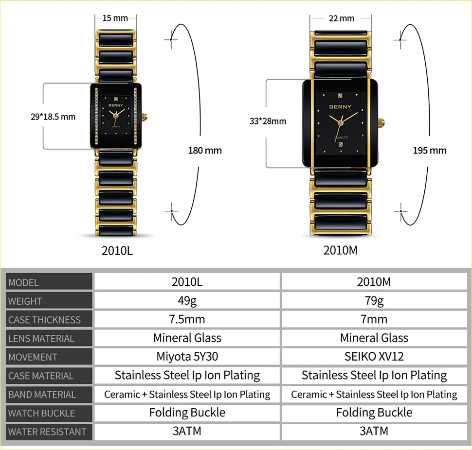 BERNY Ceramics Quartz Women Watch Fashion Rectangle Men/Women Wristwatch Bracelet Luxury Diamon Gold Couple Watches Gift Watches.