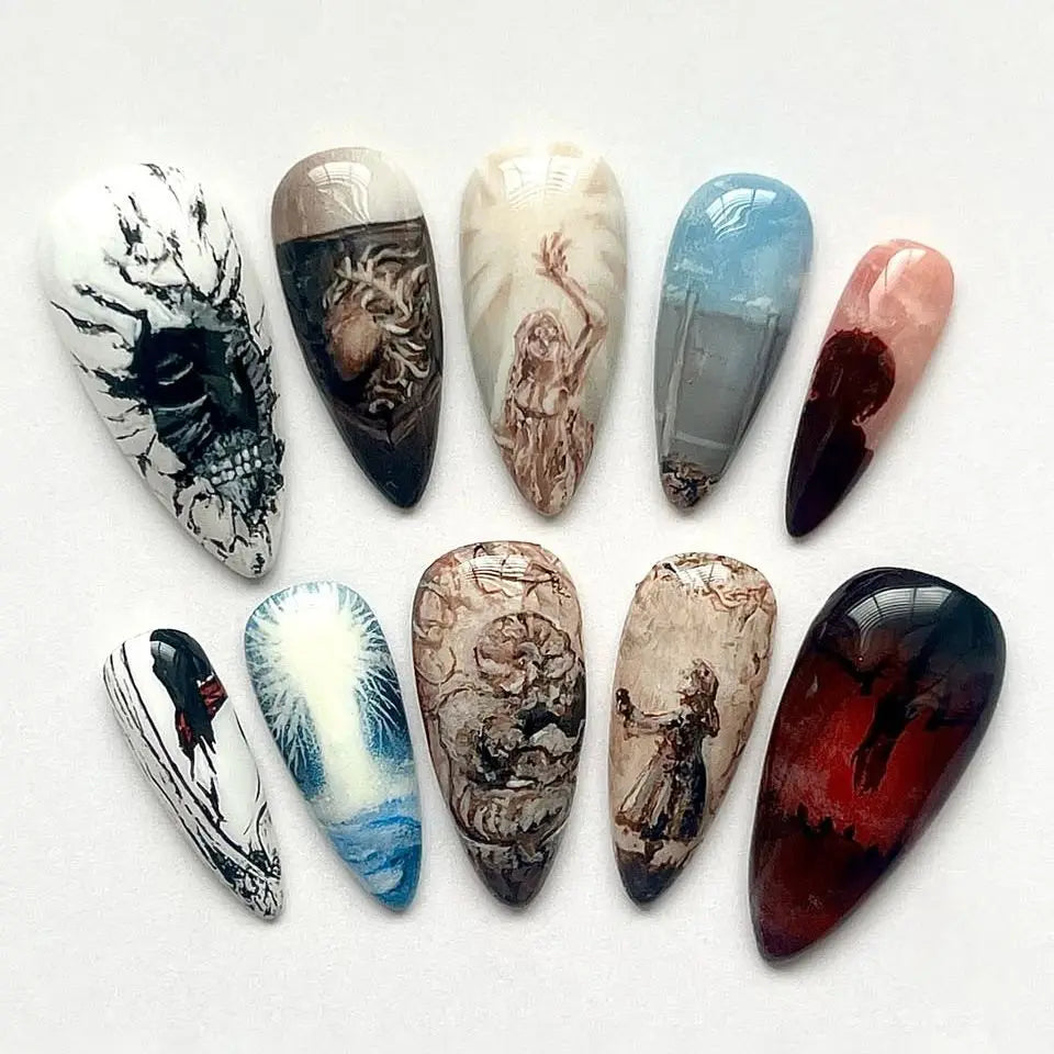 24pcs Flower Print Press on Nails Wine Red Blush Almond False Nail Tips Wearable Reusable Summer Spicy Girl Fake Nails.