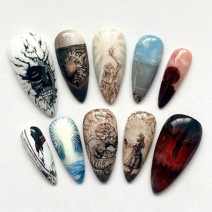 24pcs Flower Print Press on Nails Wine Red Blush Almond False Nail Tips Wearable Reusable Summer Spicy Girl Fake Nails.