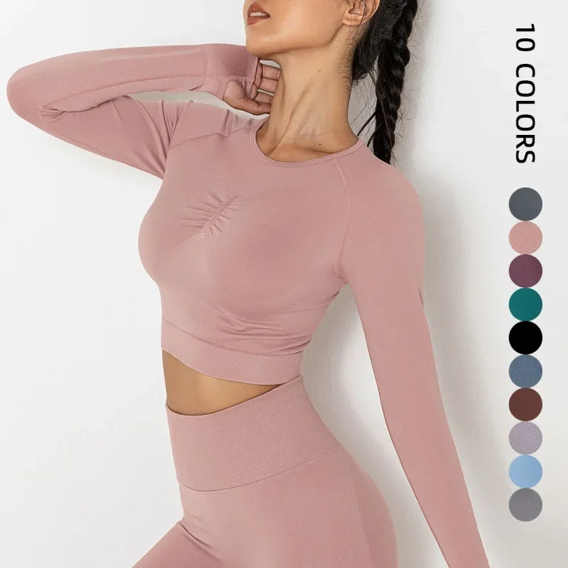 New Seamless Solid Color Peach Tight-fitting T-shirt Fitness Sport Yoga Wear Moisture Absorbing Shaping Long Sleeve Women's.