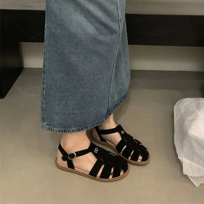 DIMANYU Women's Roman Sandals 2023 Summer New Flat Retro Real Leather Ladies Sandals Hollowed Women's Cage Shoes