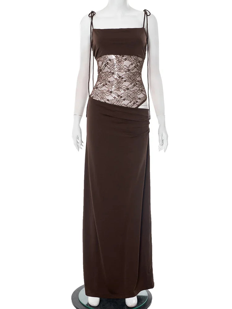 Elegante Spitzen-Maxikleider für Frauen 2022, sexy Spaghettiträger, Patchwork, Feiertage, Partykleid, Sommer, rückenfrei, langes Kleid