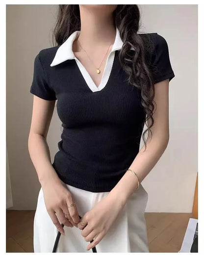 Chic Polo Collar Short Sleeve T-Shirt Women Summer New Design Unique Flip Collar Top Cotton Regular Sleeve Crew Neck T-shirt.