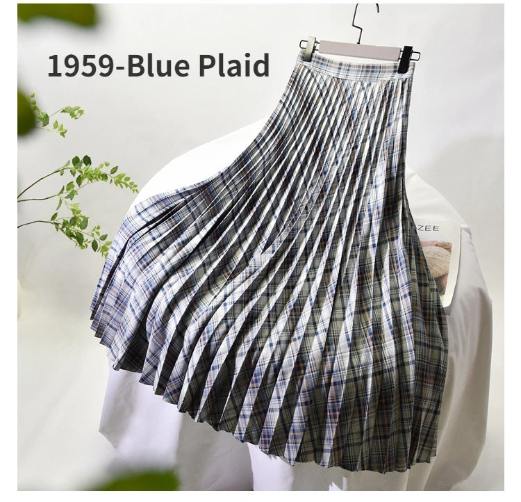Looks Thin Pleated Skirt 2025 New High Waist A-line Skirt Mid-length Big Size Plaid Skirt Long Pleated Skirt Length 75-90cm
