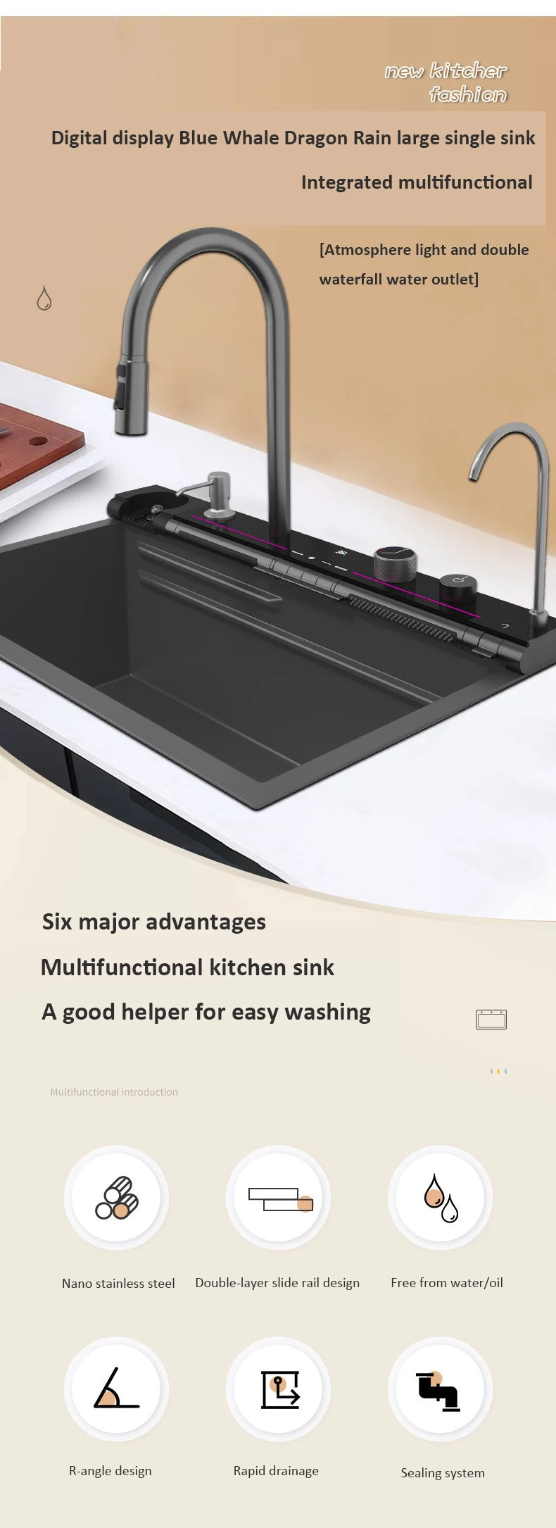 Blue Whale Arowana Multifunctional Kitchen Sink Single Bowl Nano Black Honeycomb LED Digital Display Stainless Steel for Home