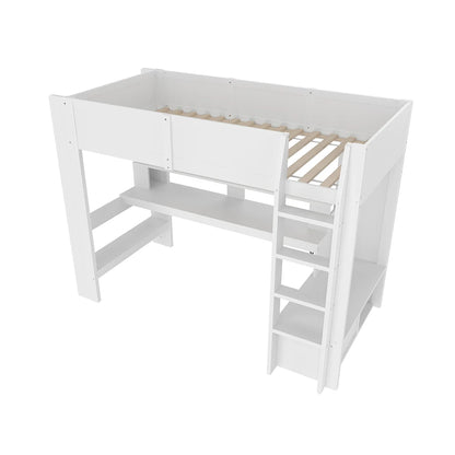 KOMHTOM Gaming Hochbett, Weiß, mit Schreibtisch, LED-Leuchten, Schublade und Regalen - Ohne Matratze