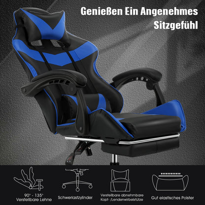 Bürostuhl Ergonomisch Gaming Stuhl Massage Gaming Sessel mit Kopfstütze Massage-Lendenkissen, Gepolstert Gaming Chair, Drehsessel,150kg Kapazität,Schwarz  Blau