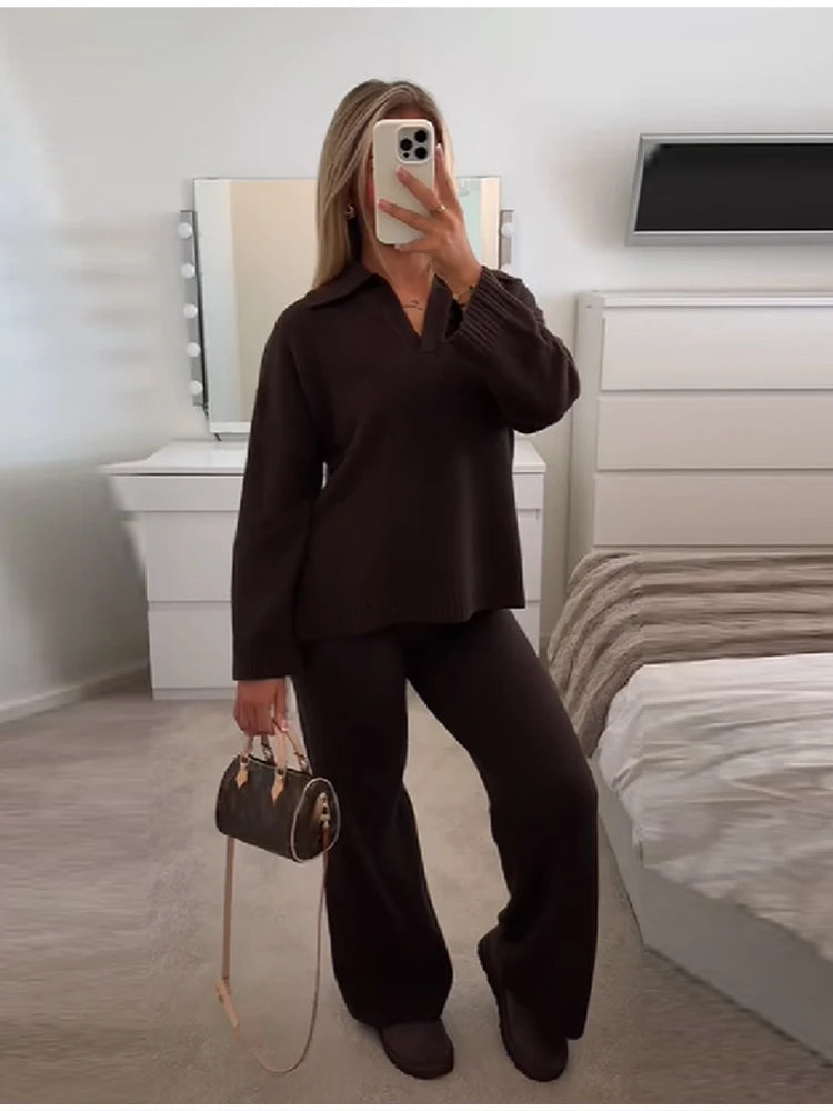 Casual Simple Loose Sweater Trousers Set Solid Color Retro Versatile Comfortable Streetwear Top Pants Commuting Women's Outfit.