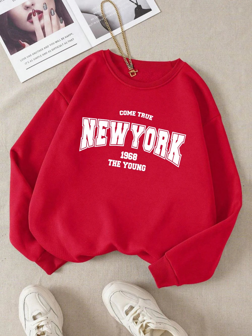 New York 1968 Women Sweatshirt Black Letter Print Sporty Hoodie Winter Casual Fleece Pullover Crewneck Red Hoody Street Clothing.