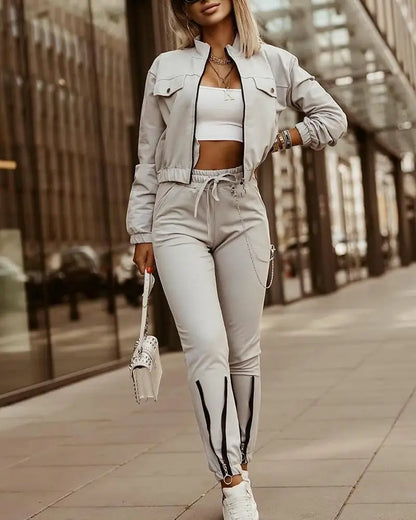 Autumn Women's New Zipper Short Long Sleeve Suit Solid Color Fashion Lace Up Casual Sports Small Foot Pants Female 2 Piece Set.