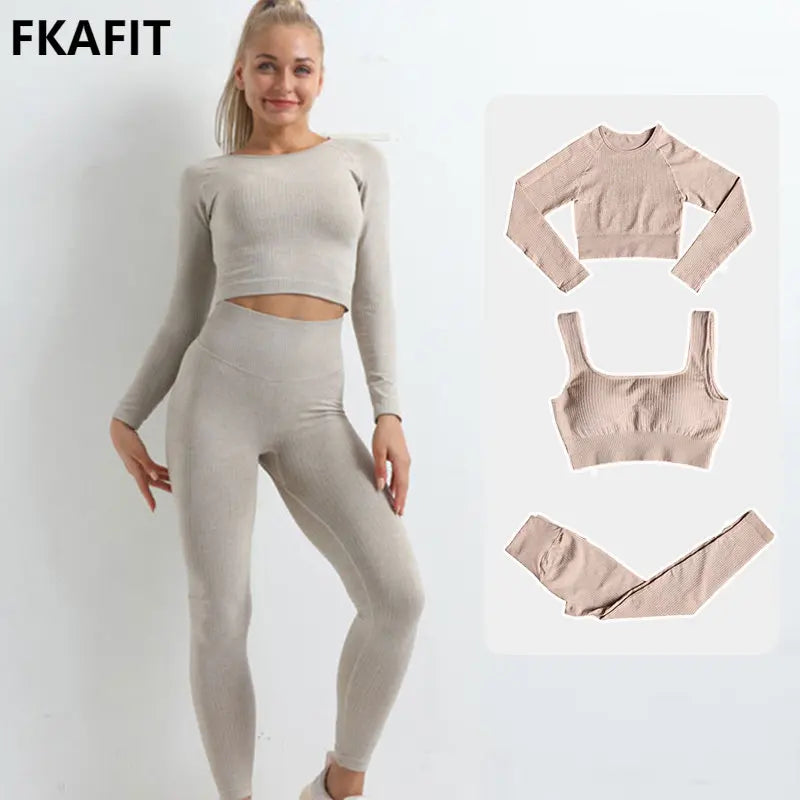Women Seamless Fitness Yoga Suit Knitt Workout Long Sleeve Crop Top Sports Bra High Waist Running Leggings Gym Clothing 2/3Pcs.