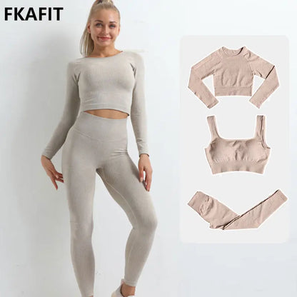 Women Seamless Fitness Yoga Suit Knitt Workout Long Sleeve Crop Top Sports Bra High Waist Running Leggings Gym Clothing 2/3Pcs.
