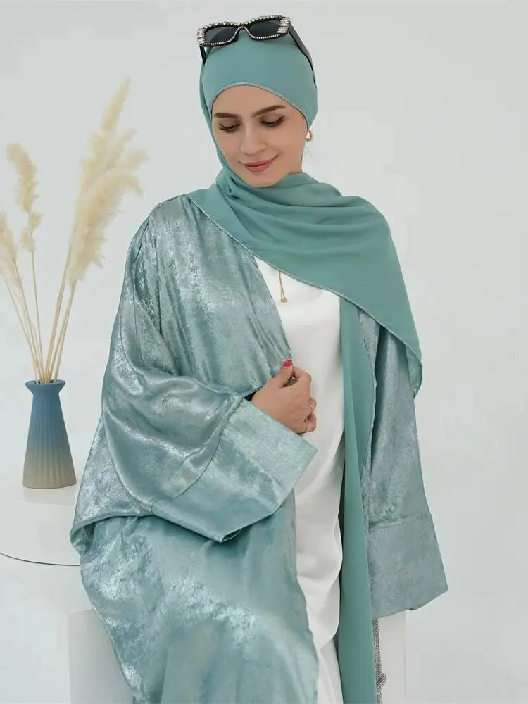 Ramadan Eid Shiny Satin Open Kimono Abaya Damen Dubai Luxury Muslim Kebaya Abayas For Women Kaftan Dress Islamic Clothing Femme.