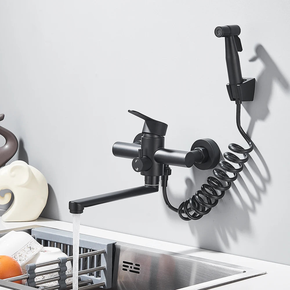 Kitchen Faucets Stainless Steel Wall Mounted Multifunctional Bathroom Basin Faucet Hot Cold  Water Mixer Taps With Spray Gun