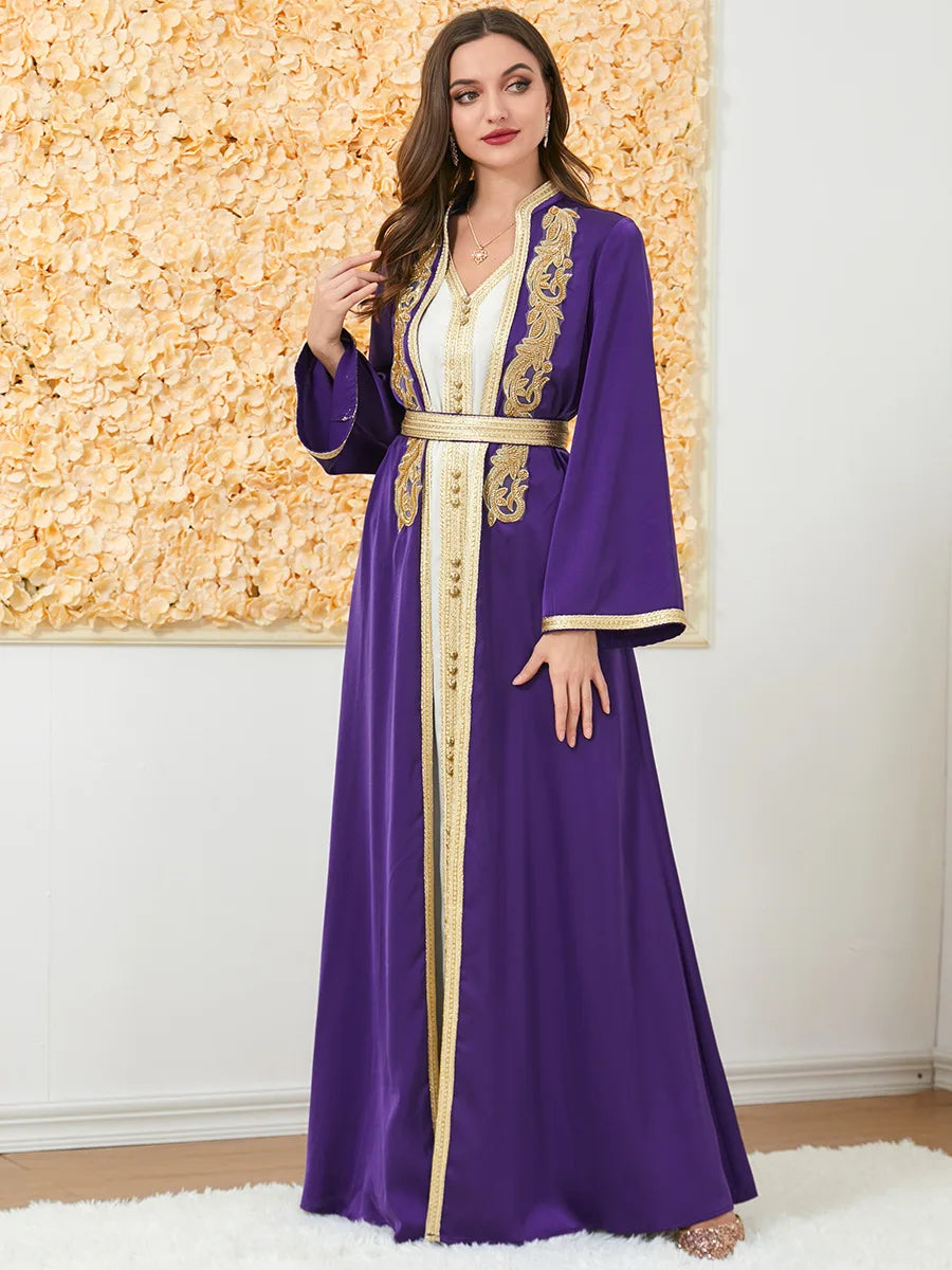 Maßgeschneiderte muslimische Sets, elegante muslimische Frauen, Sommer, langärmelig, V-Ausschnitt, Polyester, lila, 2-teiliges Kleid, Mantel, passende Sets, Muslim
