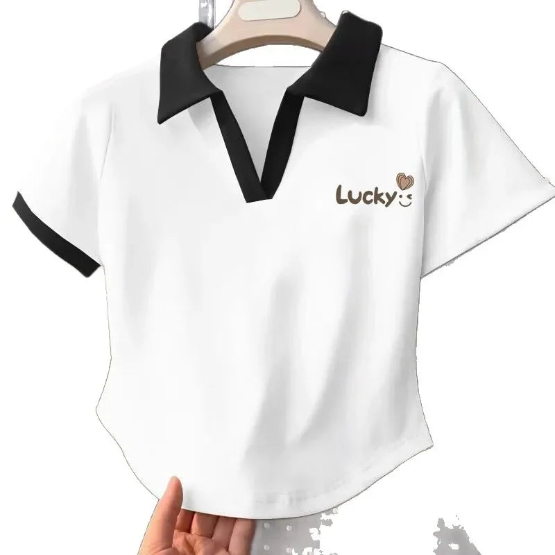 White Short Sleeve Popl Shirt Women's Summer T-shirt 2025 New Style Korean Version Small Size Shoulder Collar Top Cotton Materia.