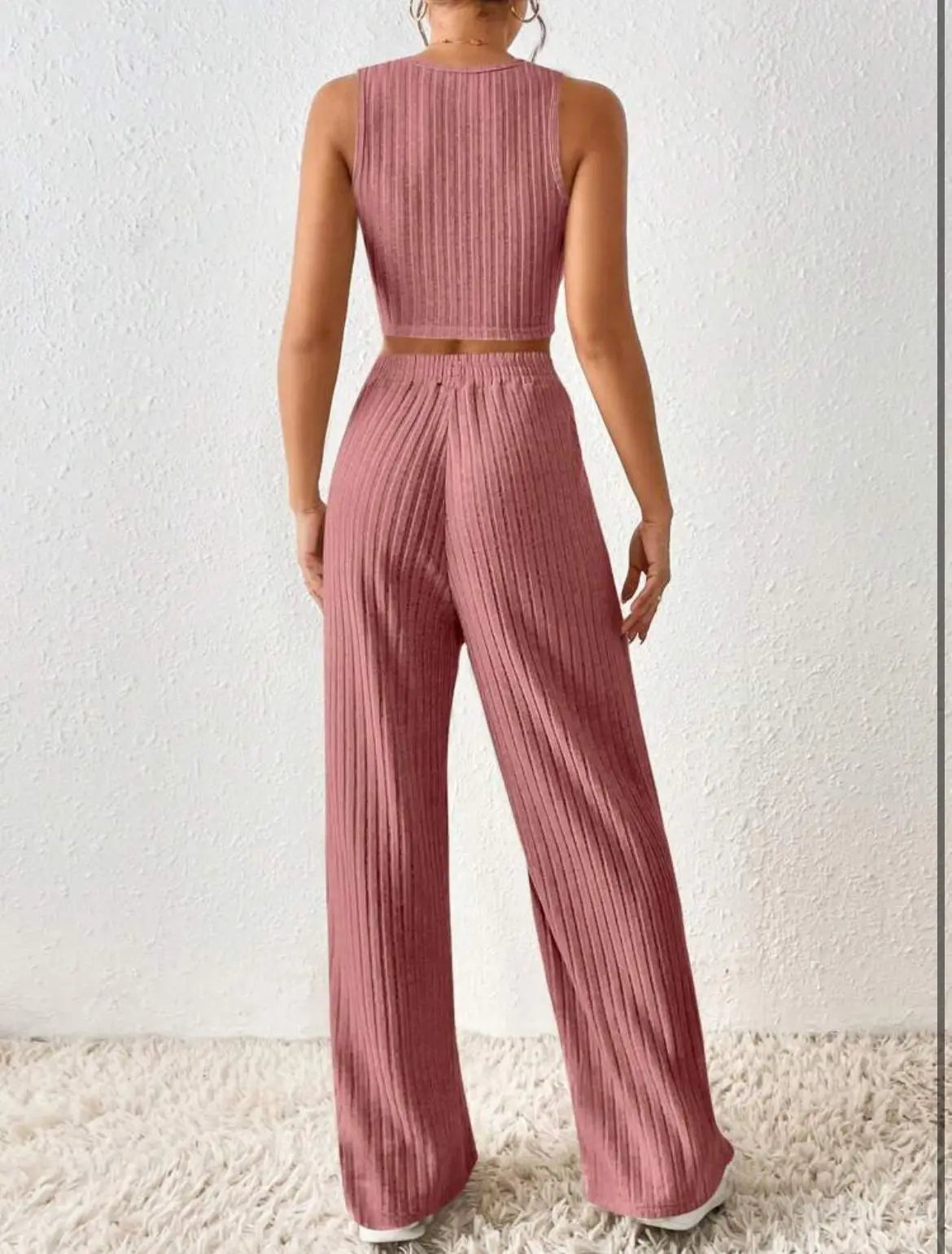 New Spring Solid Color Fashion Casual Knitted Cotton Waist Sleeveless Tank Top High Waist Pants Set For Women's Clothing.