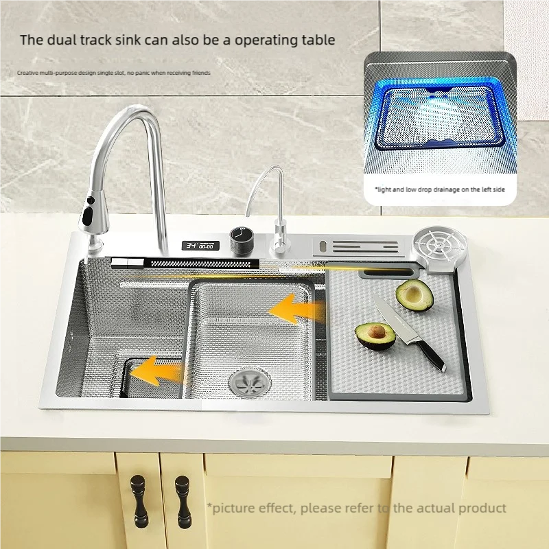 Kitchen Sink Stainless Steel Waterfall Wash Dish Vegetables Basin Multifunctional Smart Digital Display Screen Large Single Slot