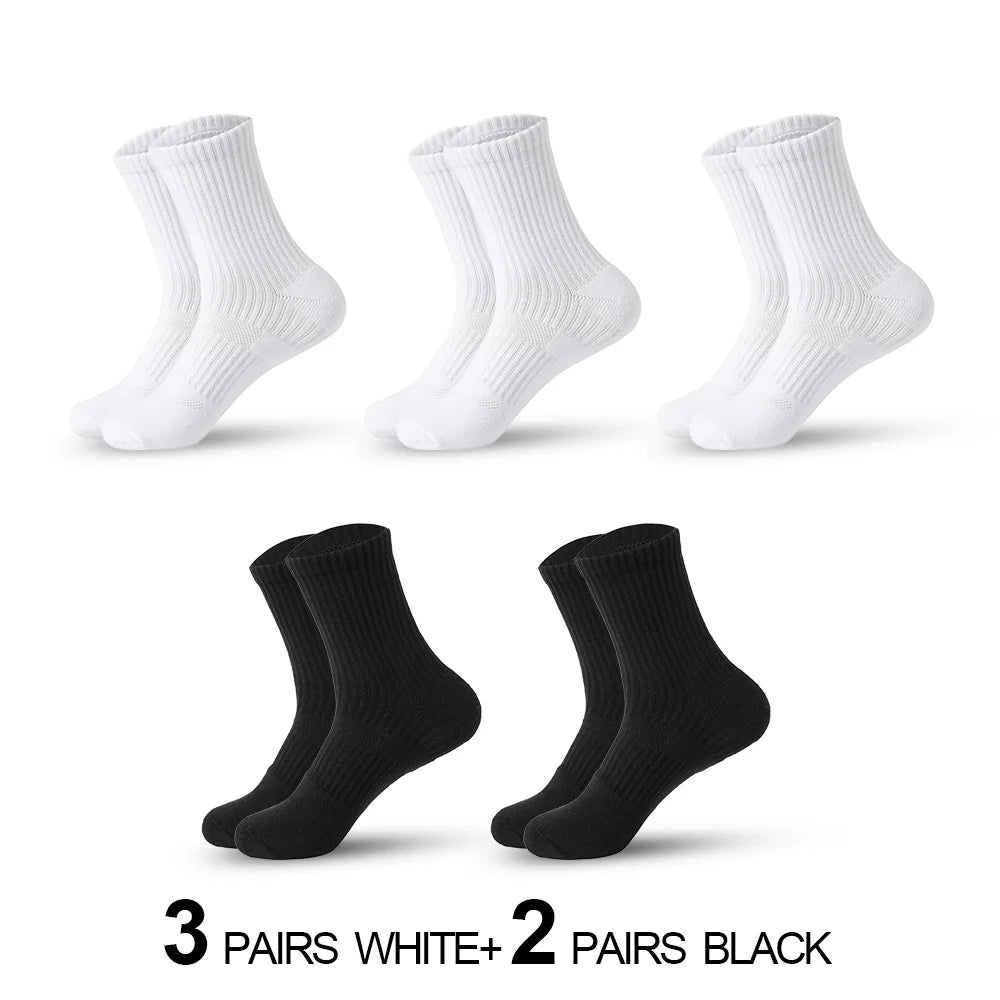 Mens Moisture Wicking Outdoor Hiking Work Cotton Socks Compression Cushion Crew Socks Leisure Men Black Socks 5 Pairs