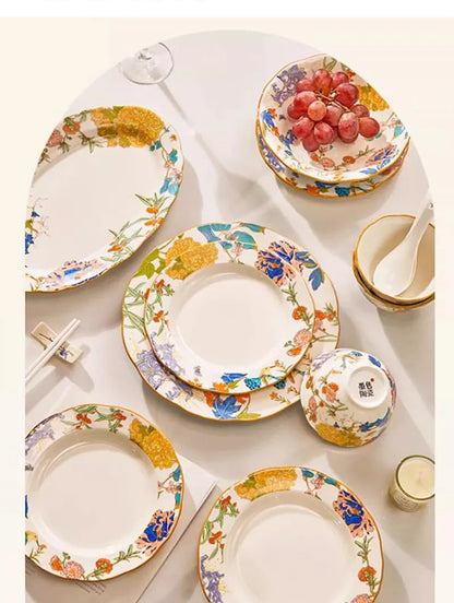1PC Chinese-style Ceramic Plates New Flower-patterned Dinner Plates Ceramic Fruit Salad Plates Exquisite Kitchen Accessories.