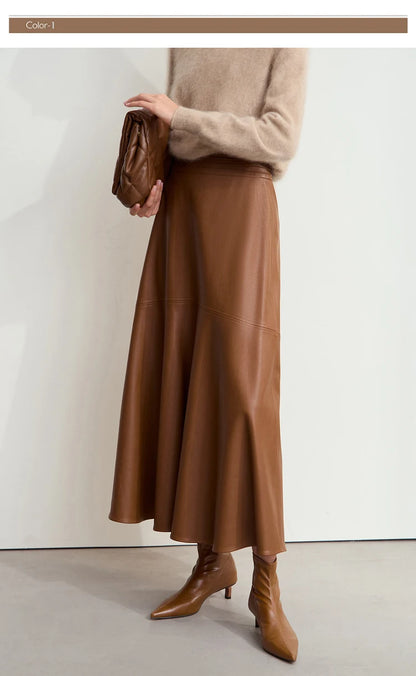 AMII Minimalist Elegant Commuter Environmentally Friendly PU Leather Skirt 2024 Winter New Women's Loose A-shaped Skirt 12444181.