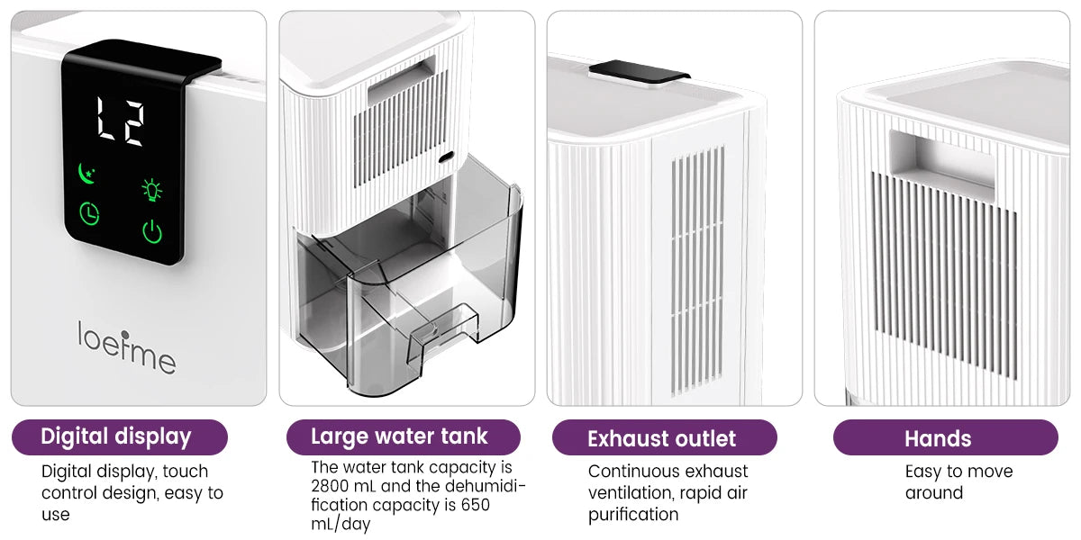 LOEFME 2800mL Air Dehumidifier 650ml/Day Silent Dryer Moisture Eliminator with Touch Display For Home Basement Bathroom Wardrobe.