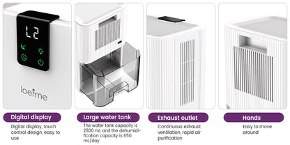 LOEFME 2800mL Air Dehumidifier 650ml/Day Silent Dryer Moisture Eliminator with Touch Display For Home Basement Bathroom Wardrobe.