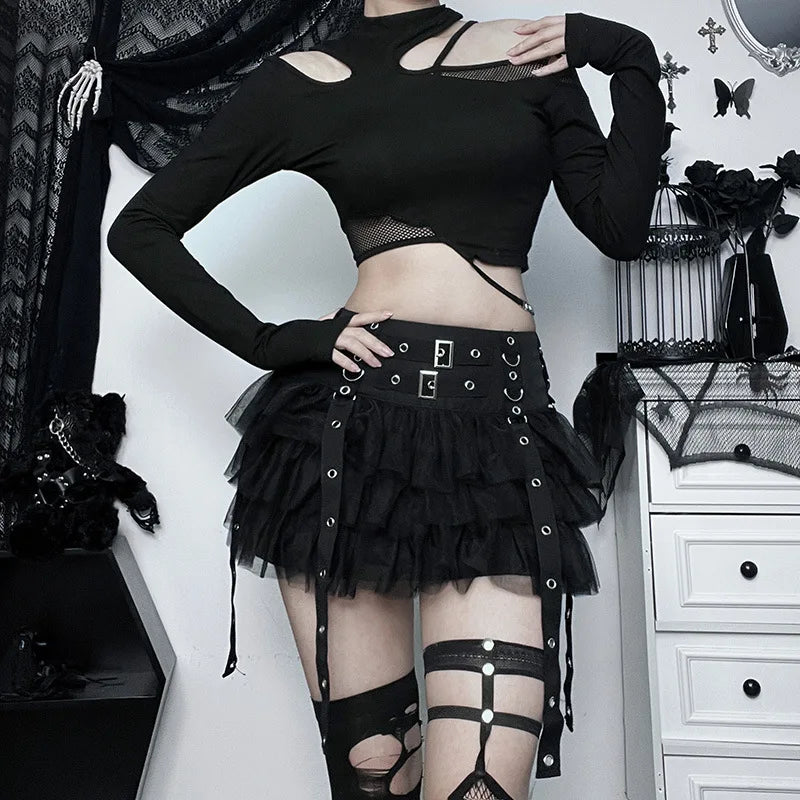 Goth Dark Ruffles Mall Gothic Mesh Splice Mini Skirts Grunge Aesthetic Harajuku Buckle A-line Skirt Punk High Waist Alt Bottoms.