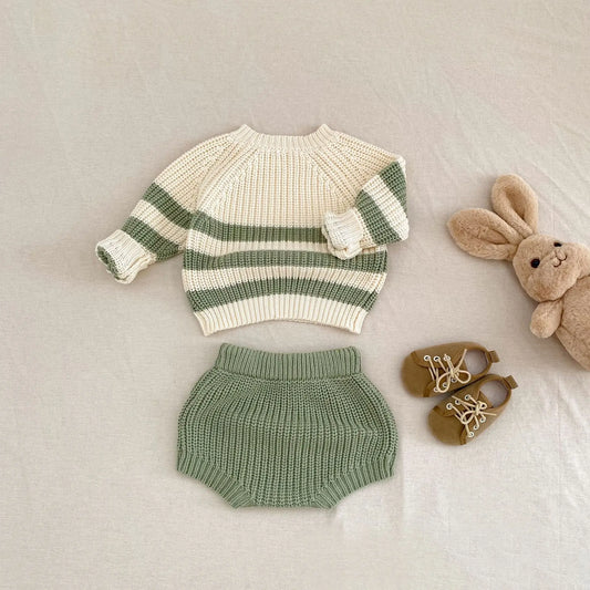 Baby-Pullover für Herren und Damen, neue Herbst-Stile für Säuglinge und Kleinkinder, gestreifte Strickoberteile und Hosen-Sets.