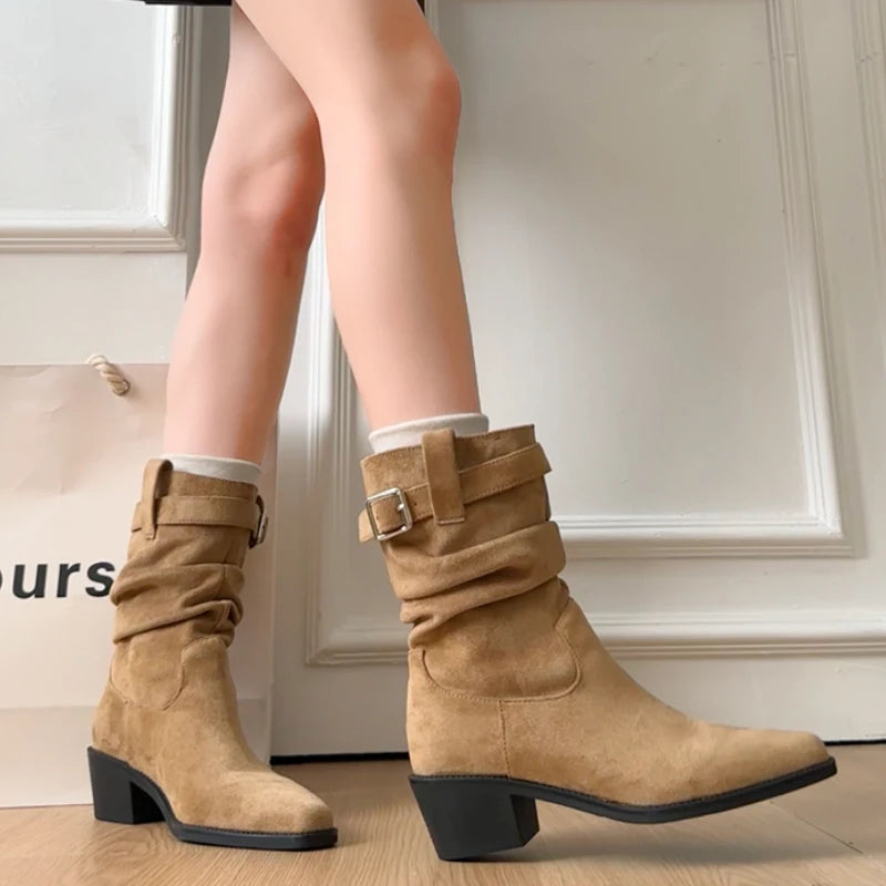 Autumn Winter Suede Pointed Toe Women Ankle Boots Fashion Slip On Thick Heel Shoes Ladies Elegant Slim Short Booties.