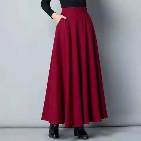 Autumn Winter Black Gray Large Size Woolen Long Skirt Women Fashion Korean Ladies Red High Waist Festival Pleated A-line Skirts.