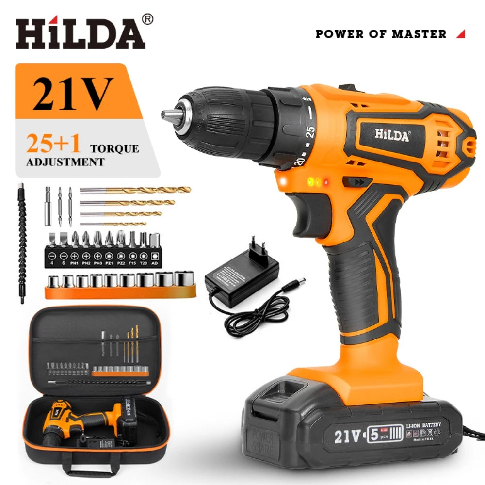 HILDA 21V Bohrmaschine Mini Wireless Power Treiber Lithium-ionen Batterie Akku-bohrschrauber Elektrische Schraubendreher Hause DIY Power werkzeuge