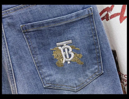 Men's Slim Straight Jeans Fashion Korean winter and Autumn Trousers Comfortable Elastic Blue Fitted Business Casual Denim Pants.