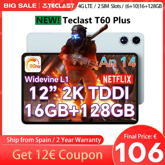 【New】Teclast T60 Plus 12 Inch Tddi 90Hz 2K Screen 2000X1200 Android 14 Widevine L1 Mtk Helio G88 (6Gb Ram+10Gb Expansion)16Gb/128Gb 8000Mah Battery 4g Lte Dual Sim Tf up to 1Tb.