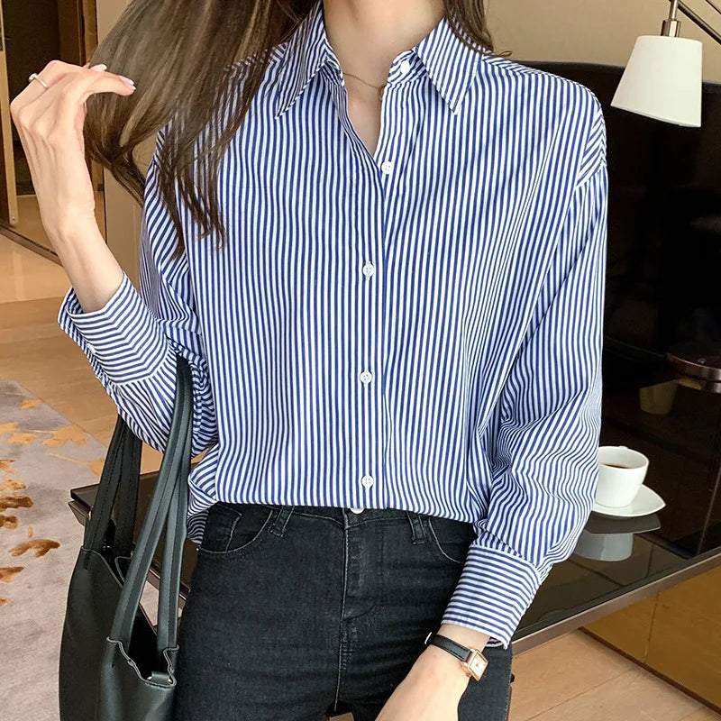 1pcs Woman Four Season Stripe Shirts Lady Casual Long Sleeve Turn-down Collar Loose Shirt Female Business Attire Korean Tops.