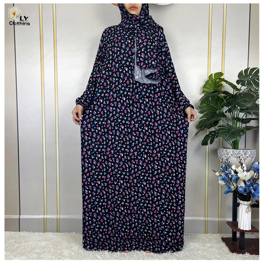 New Muslim Long Sleeved Cotton For Women Ramadan Prayer Turkey Middle East Femme Robe Floral Loose African Abaya Dress Scarfs.
