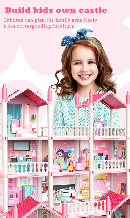 Girls Toddler Doll House - Large Doll House with 4 Dolls, Furniture, Accessories, LED Lights, 4 Stories Princess Dream House Toy.