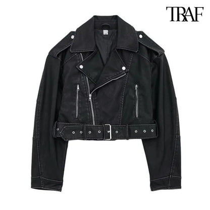 TRAF Damen Vintage lose Lederjacke Gürtel Schulter Abzeichen Zip Revers Jacke Handsome Washed Leder Motorrad Kleidung