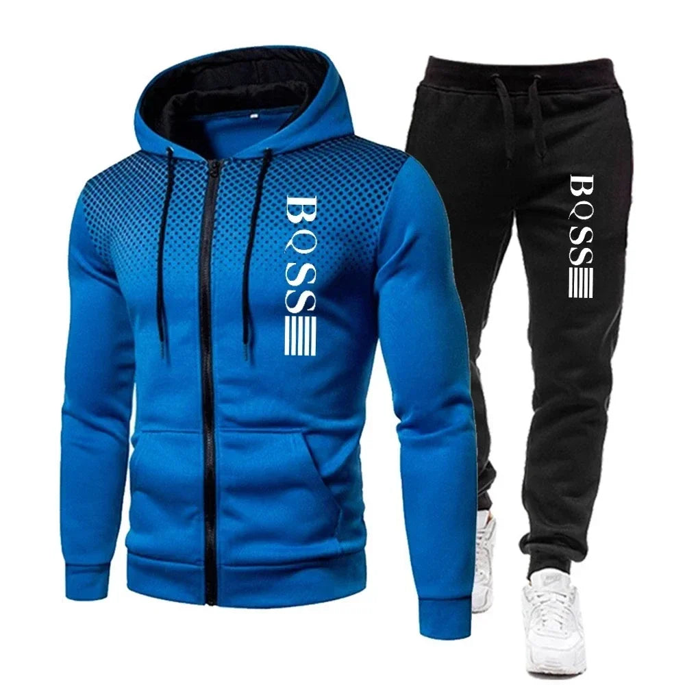 2025 Men's fashion printed sportswear, zipper hooded sweatshirt + sportswear pants, casual fitness jogging sportswear set.