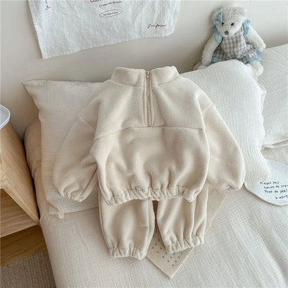 Kids Fleece Warm Set Winter Plus Velvet Outfits Long Sleeved Pullover Tops+Pants 2Pcs Autumn Children's Casual Clothing Suits.